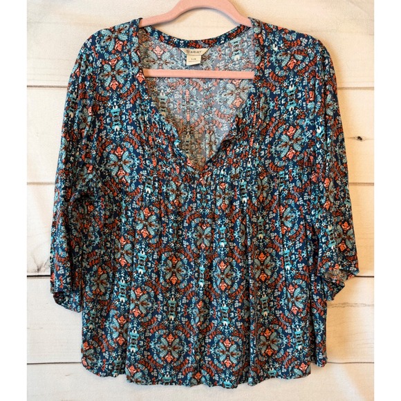Ariat Tops - Ariat Womens Blue Orange Medallion Floral Pleated V-Neck 3/4 Sleeve Blouse L